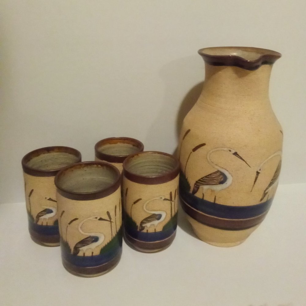Vintage Tonala Mexico Stoneware Pottery Pitcher & Tumbler Set Signed